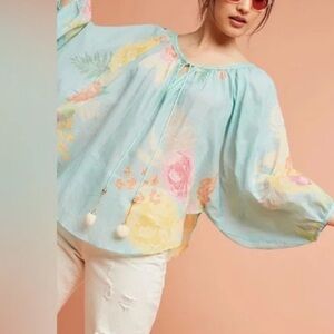 FARM RIO Basal Aqua Floral Puff Sleeve Oversized Peasant Top XS